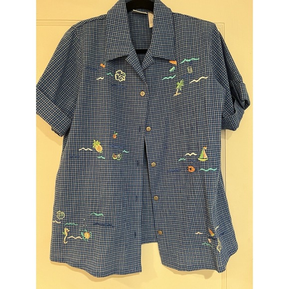 Vintage Vacation Beach Print Button Up Size Small Koret Francisca Short Sleeve - Picture 1 of 9